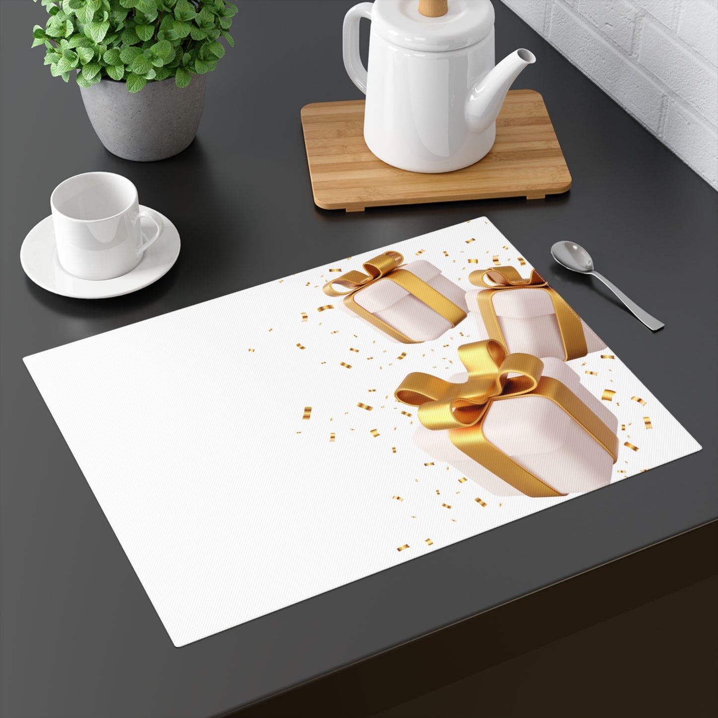 Gold and White Presents Minimalist Christmas Placemat, 1pc