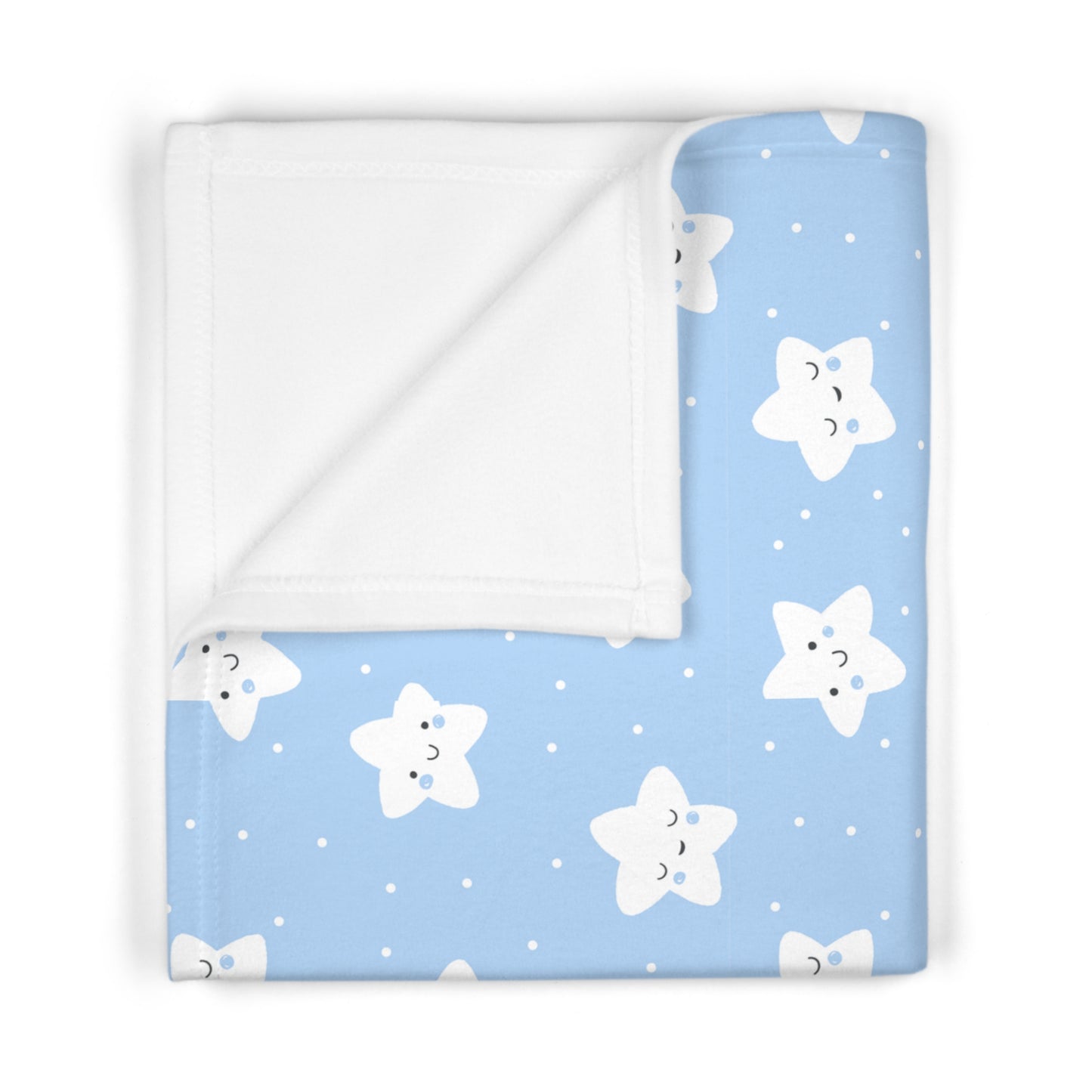 Cute and Cuddly White and Blue Happy Sleepy Stars Soft Fleece Baby Blanket