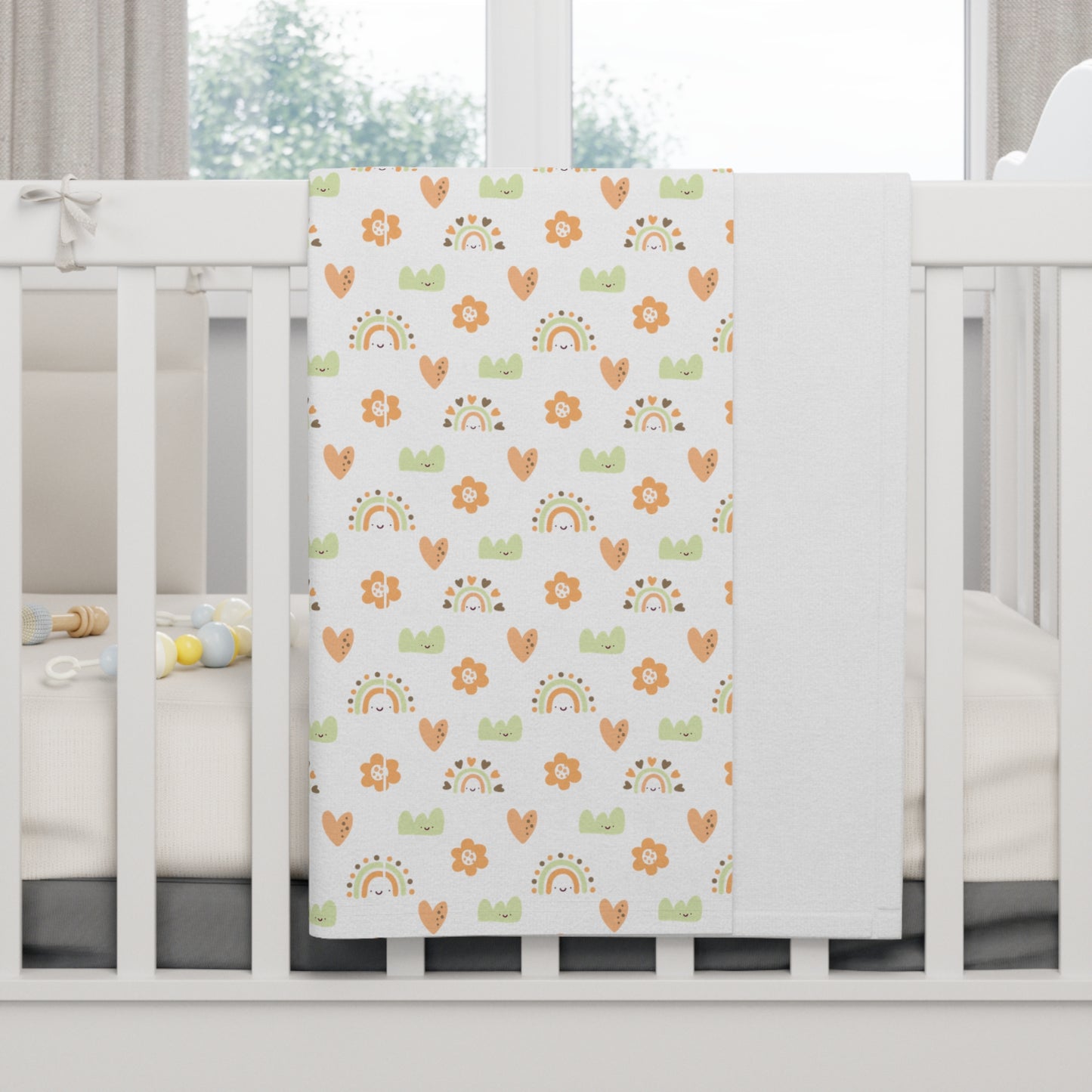 Cute and Cuddly Green Orange Brown Happy Hearts Rainbows Flowers Soft Fleece Baby Blanket