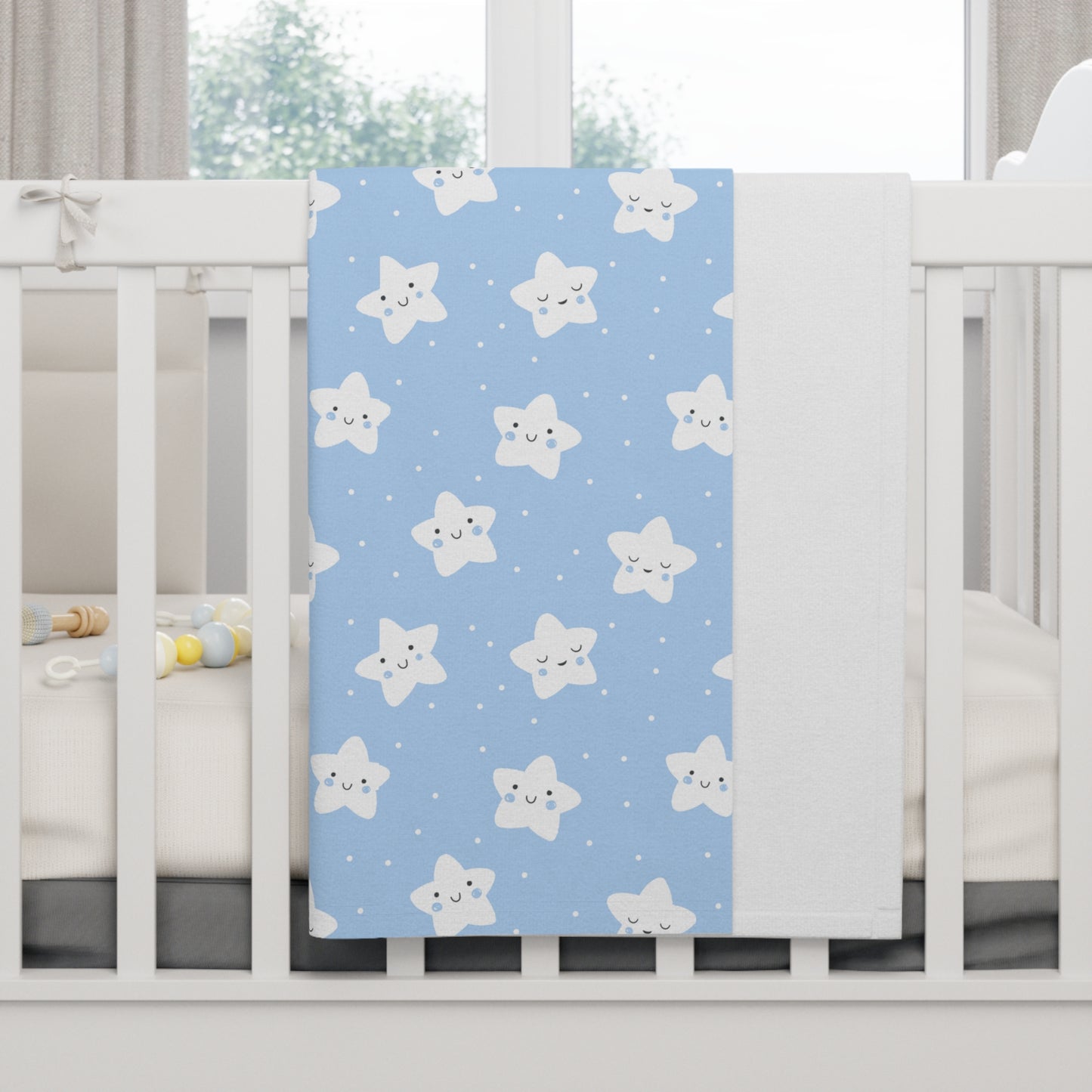 Cute and Cuddly White and Blue Happy Sleepy Stars Soft Fleece Baby Blanket