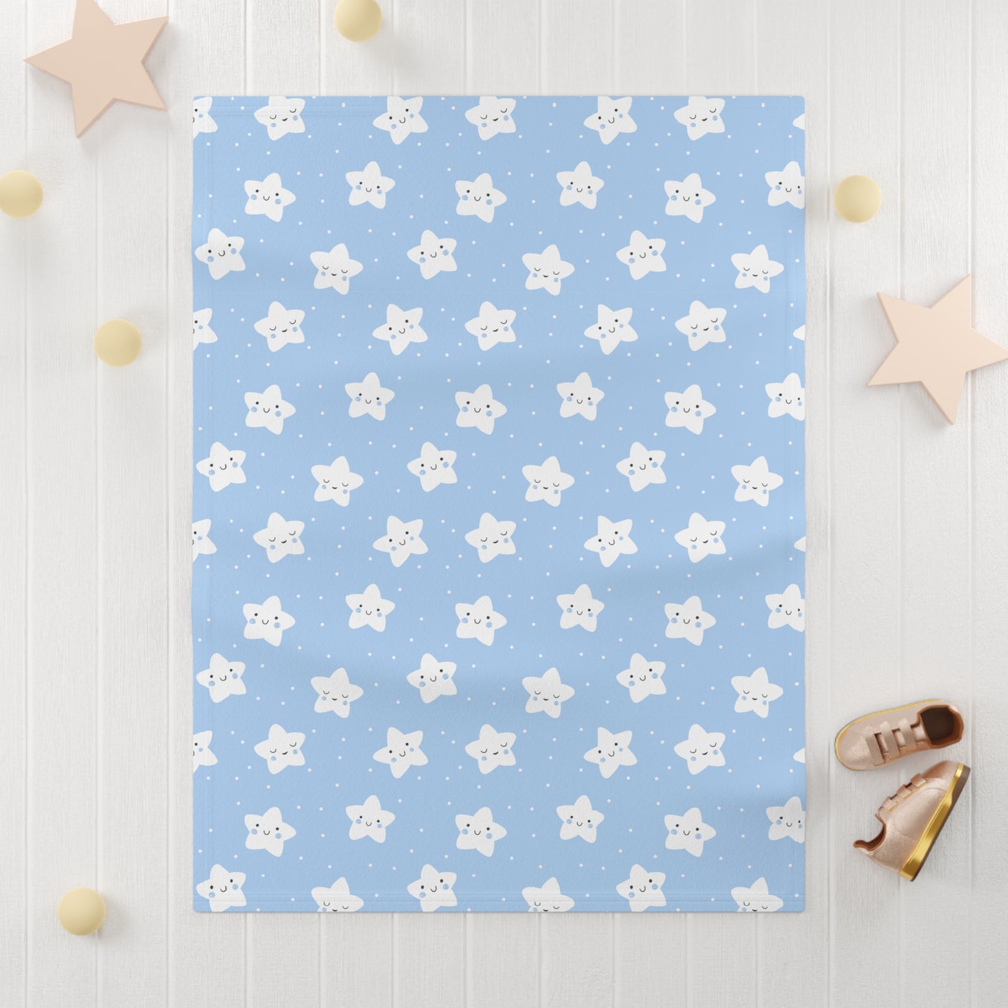 Cute and Cuddly White and Blue Happy Sleepy Stars Soft Fleece Baby Blanket