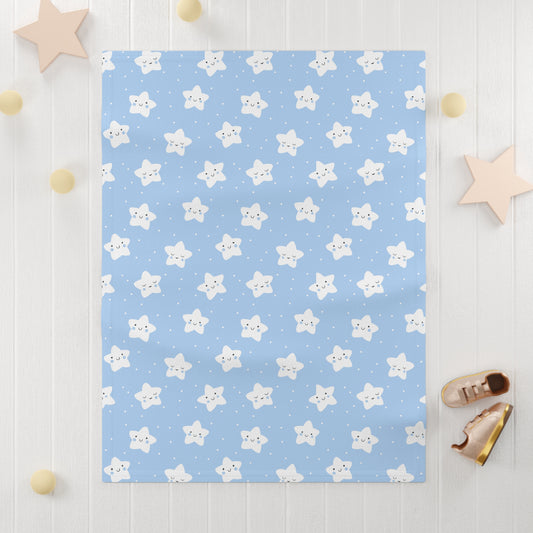 Cute and Cuddly White and Blue Happy Sleepy Stars Soft Fleece Baby Blanket