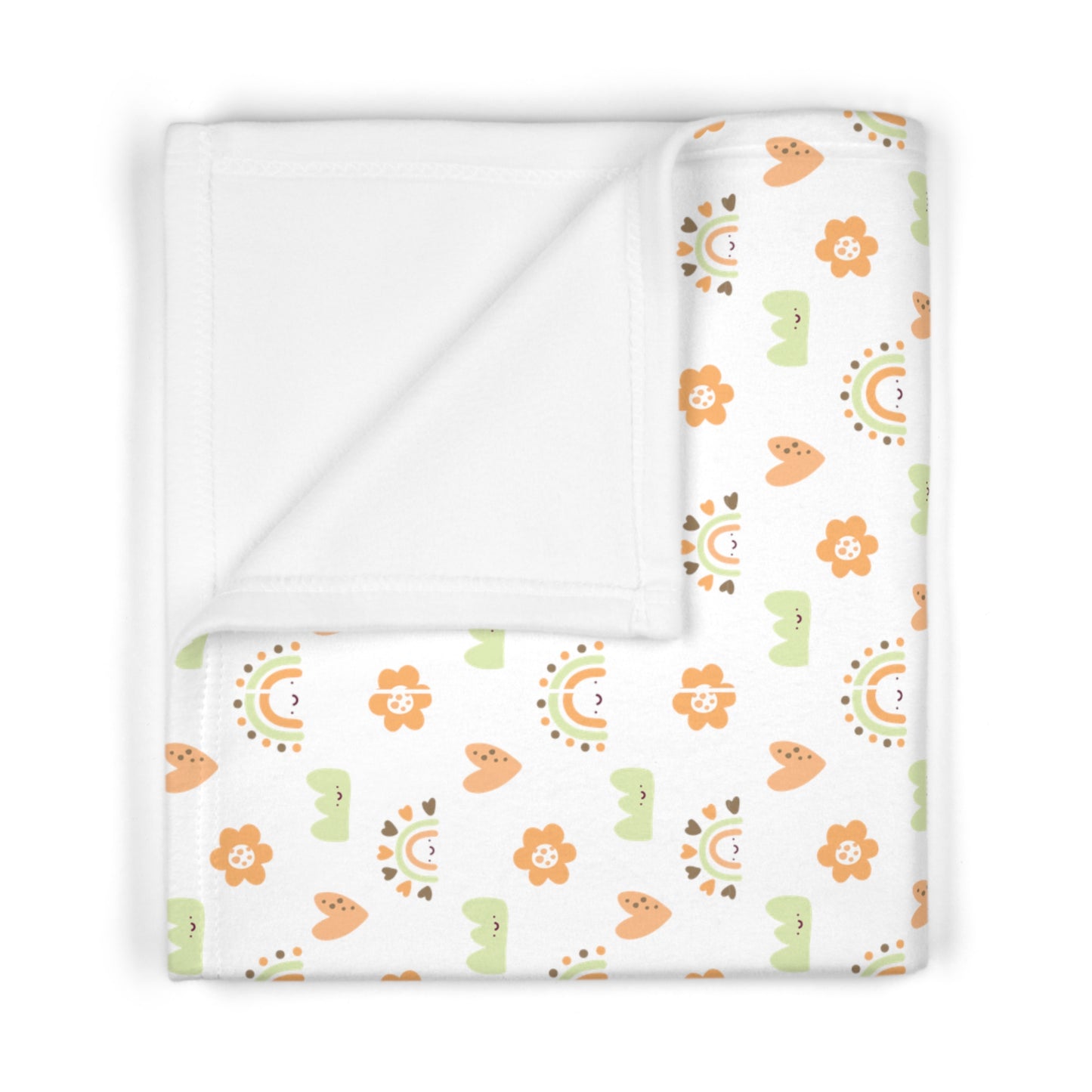 Cute and Cuddly Green Orange Brown Happy Hearts Rainbows Flowers Soft Fleece Baby Blanket