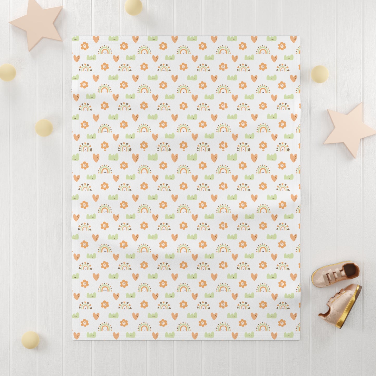 Cute and Cuddly Green Orange Brown Happy Hearts Rainbows Flowers Soft Fleece Baby Blanket