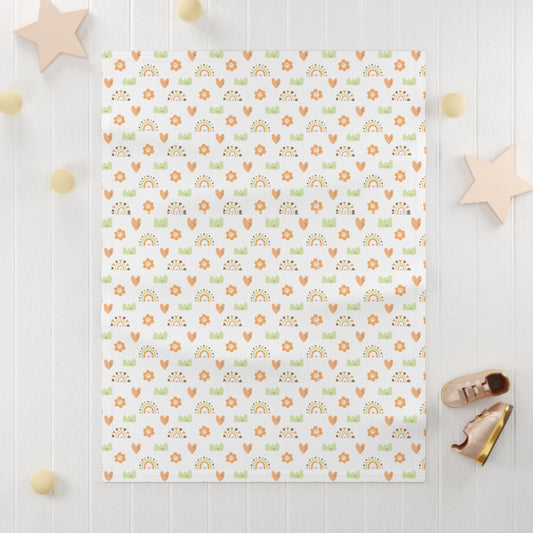 Cute and Cuddly Green Orange Brown Happy Hearts Rainbows Flowers Soft Fleece Baby Blanket