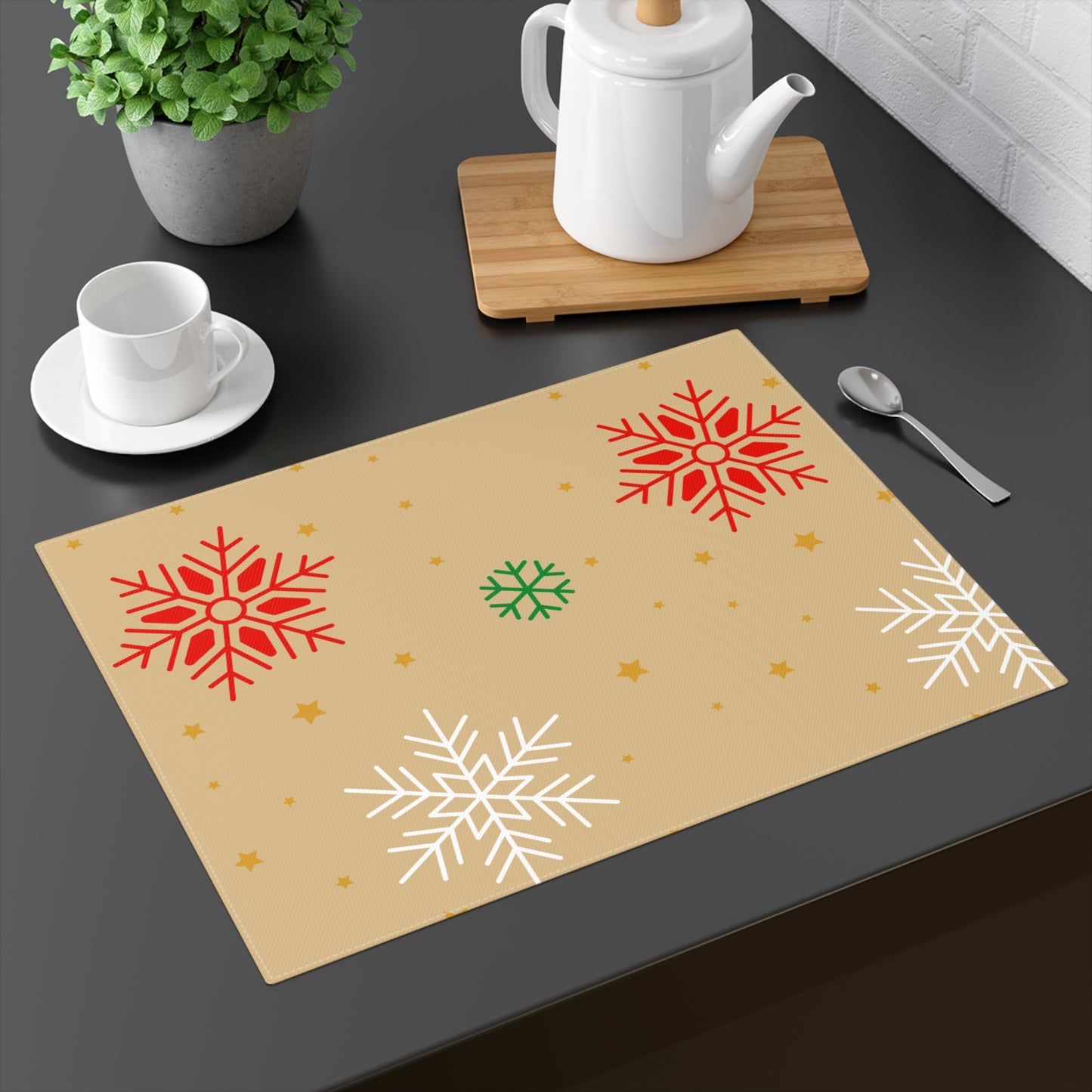 Red White and Green Snowflakes on Gold Christmas Placemat, 1pc