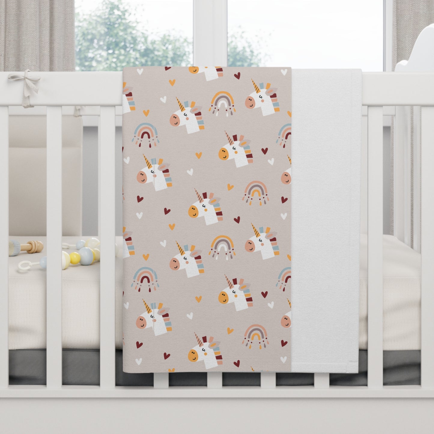 Cute and Cuddly Hush White Unicorns Hearts and Rainbows Soft Fleece Baby Blanket