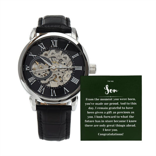 Congratulations Son Men's Openwork Watch with Mahogany Box and Message Card