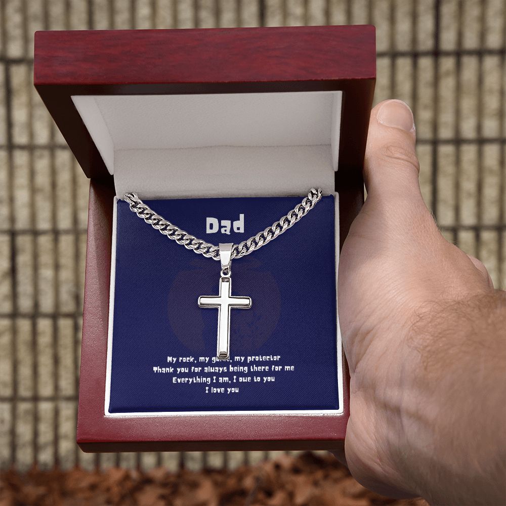 Dad My Rock - Personalized Artisan Cross with Cuban Chain Necklace and MC