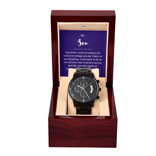 So Proud Son Black Chronograph Watch with Mahogany Box and Message Card