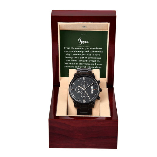 Congratulations Son Black Chronograph Watch with Mahogany Box and Message Card