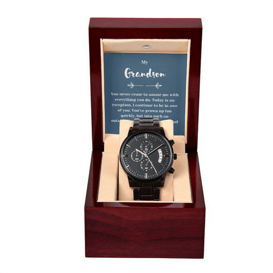 So Proud Grandson Black Chronograph Watch with Mahogany Box and Message Card