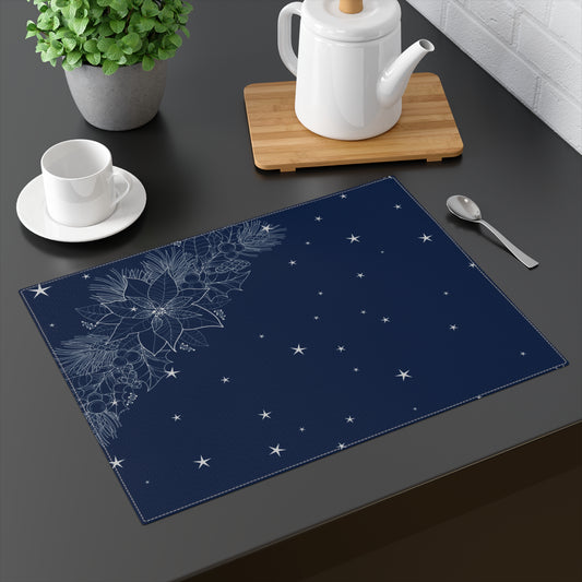 Dark Blue and Silver Pinecones and Poinsettias with Stars Christmas Placemat, 1pc