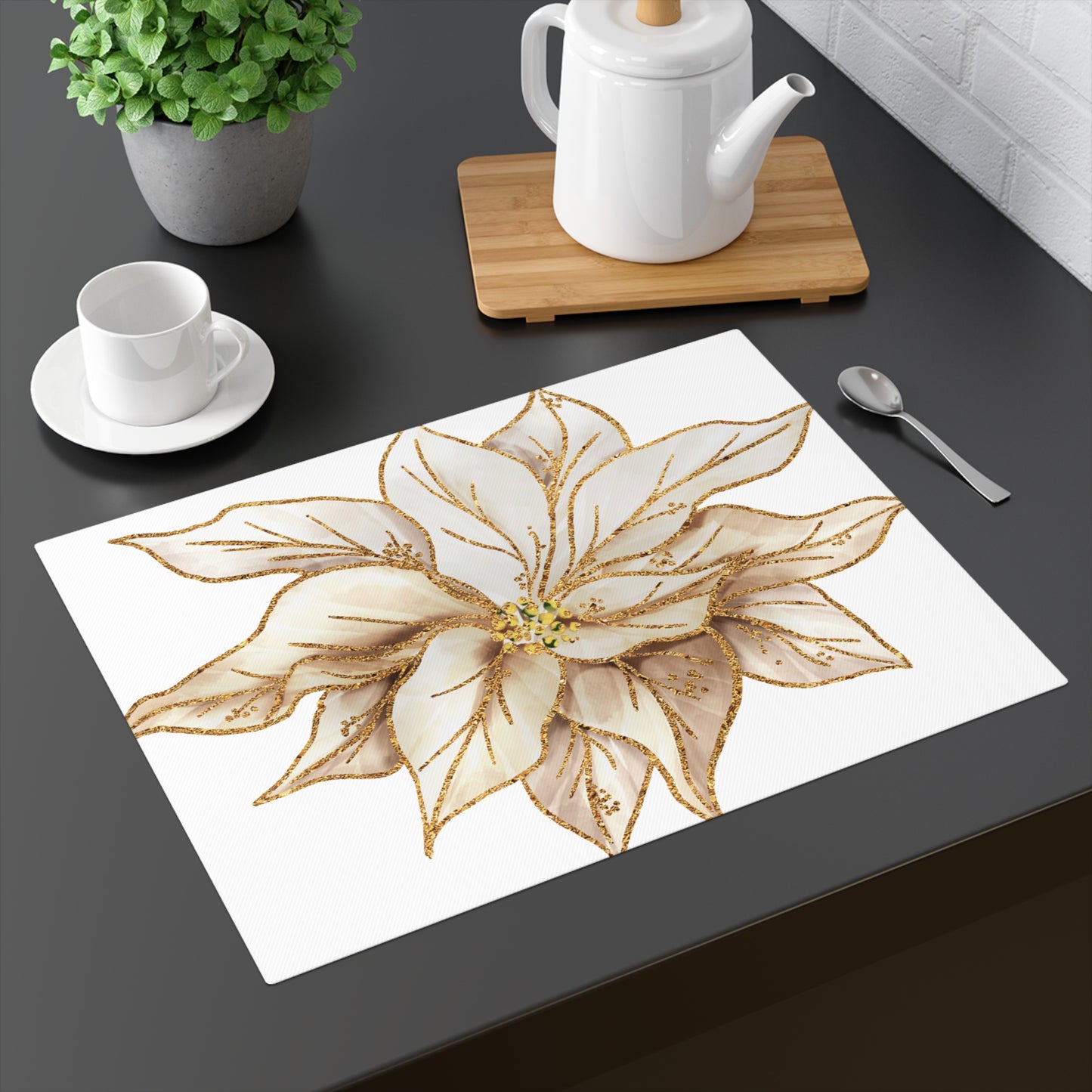 White and Gold Poinsettia Christmas Placemat, 1pc