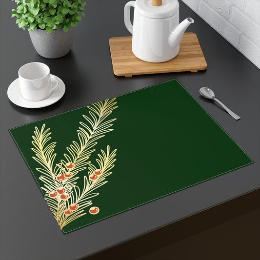 Green and Gold Holly and Berries Christmas Placemat, 1pc