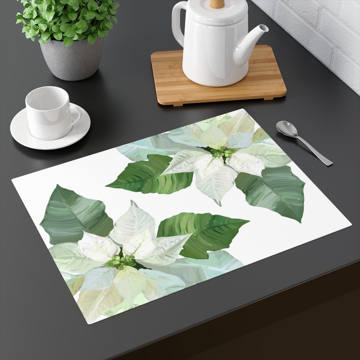 White Poinsettias Christmas Placemat, 1pc