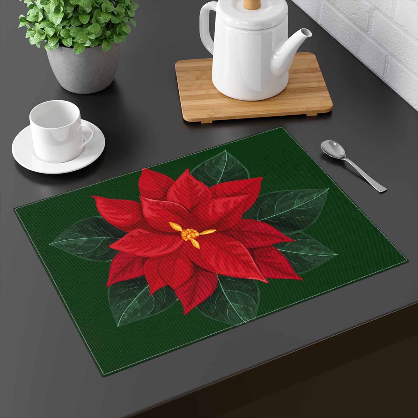 Bright Poinsettia Christmas Placemat, 1pc