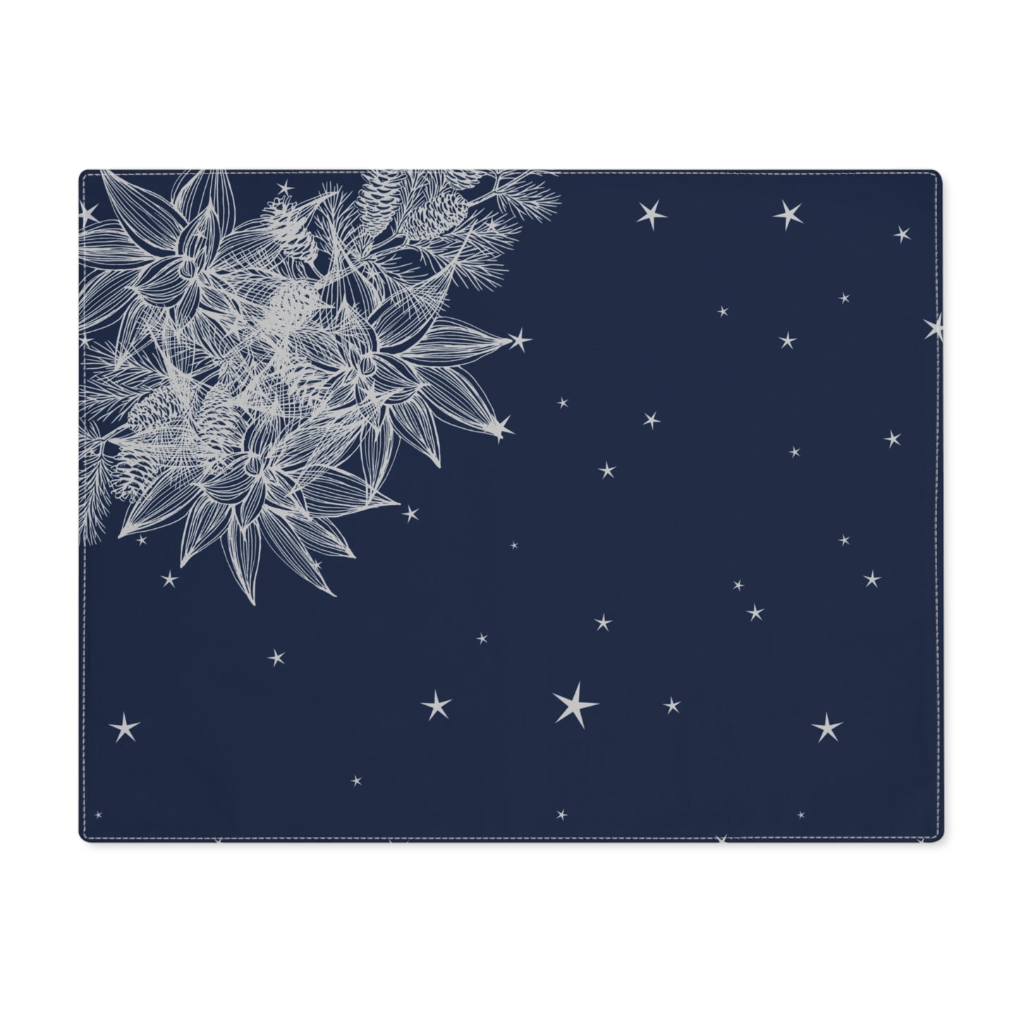 Dark Blue and Silver Poinsettia Garland with Pine Accents and Stars Christmas Placemat, 1pc