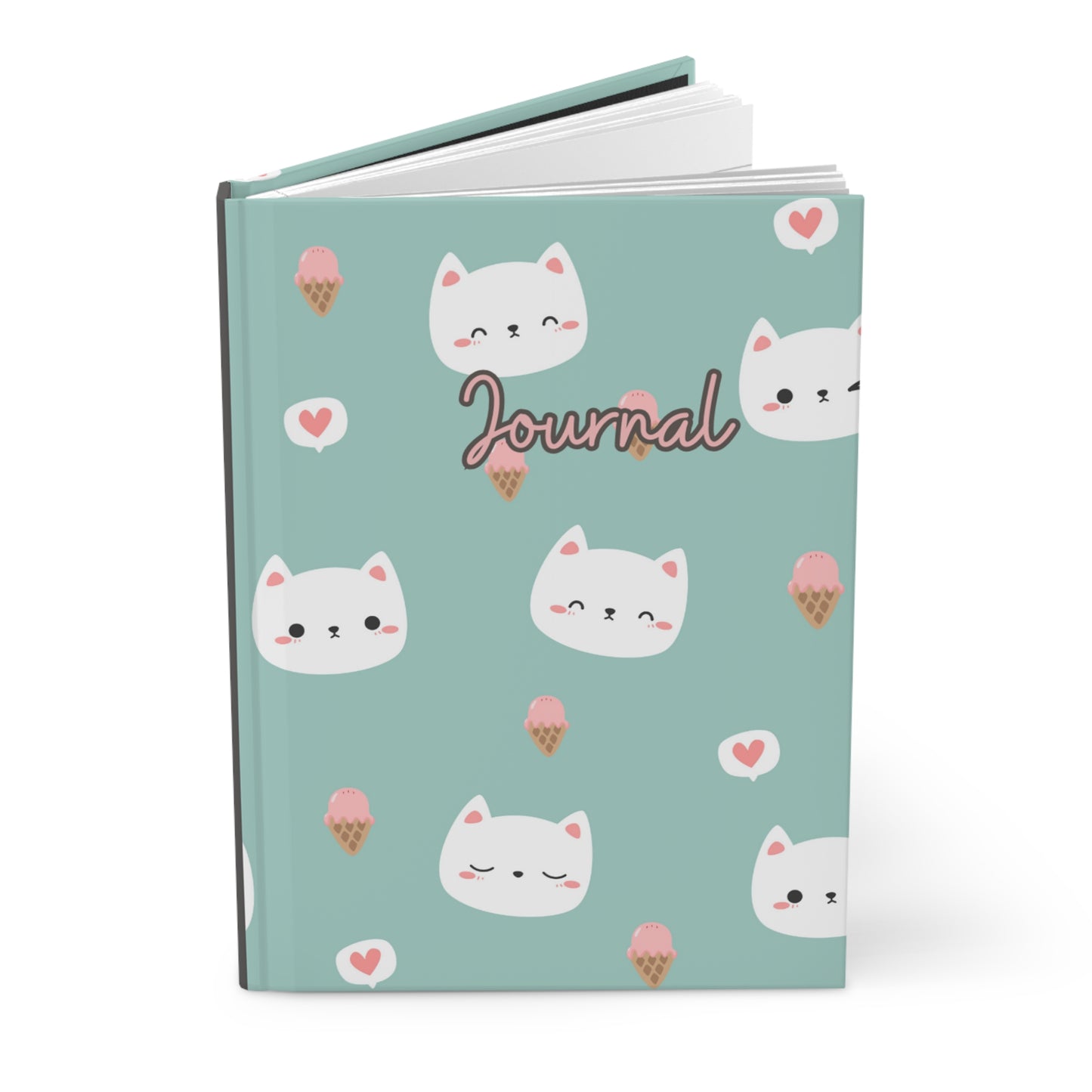 Pink and Green Cats Hearts and Ice Cream Hardcover Journal Matte