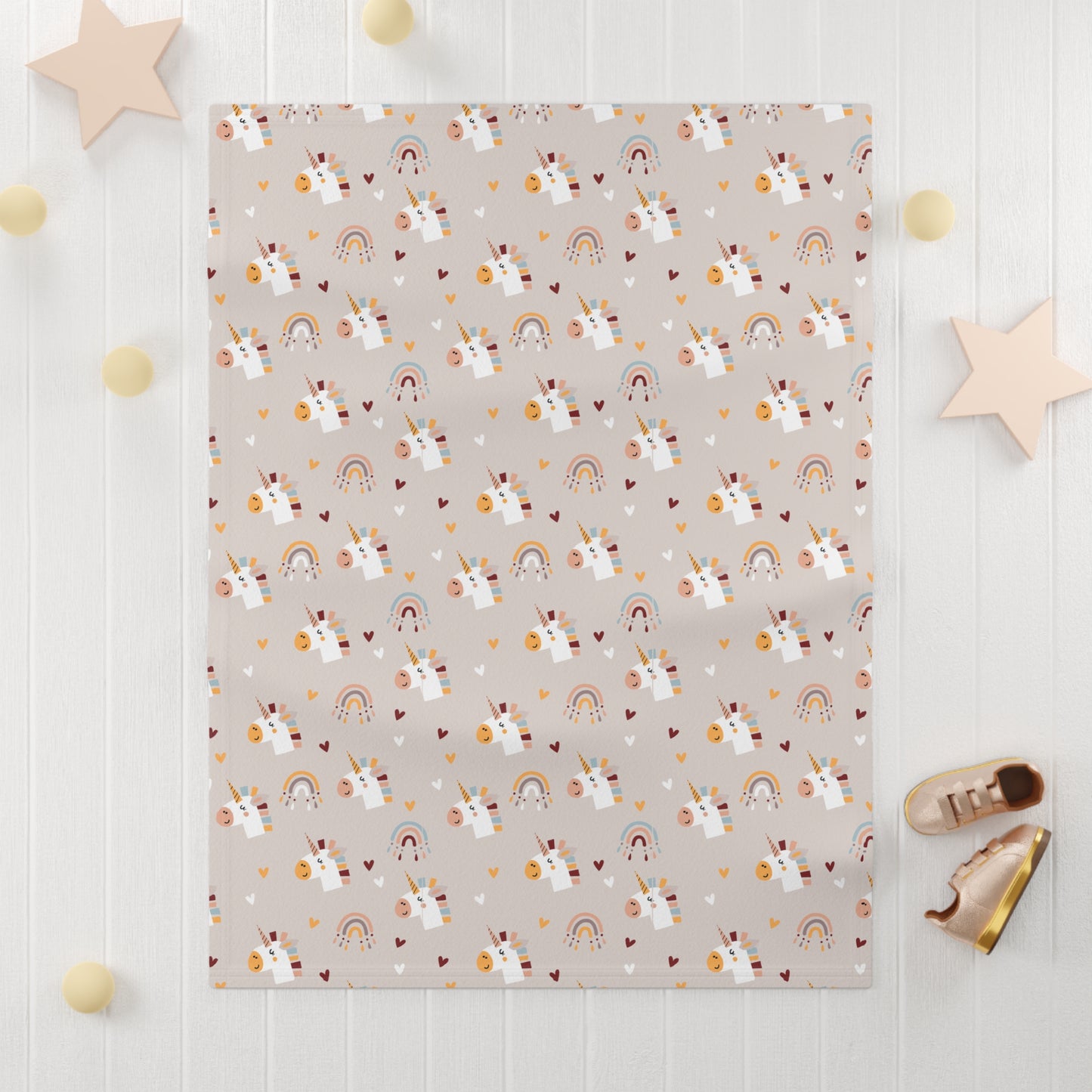 Cute and Cuddly Hush White Unicorns Hearts and Rainbows Soft Fleece Baby Blanket