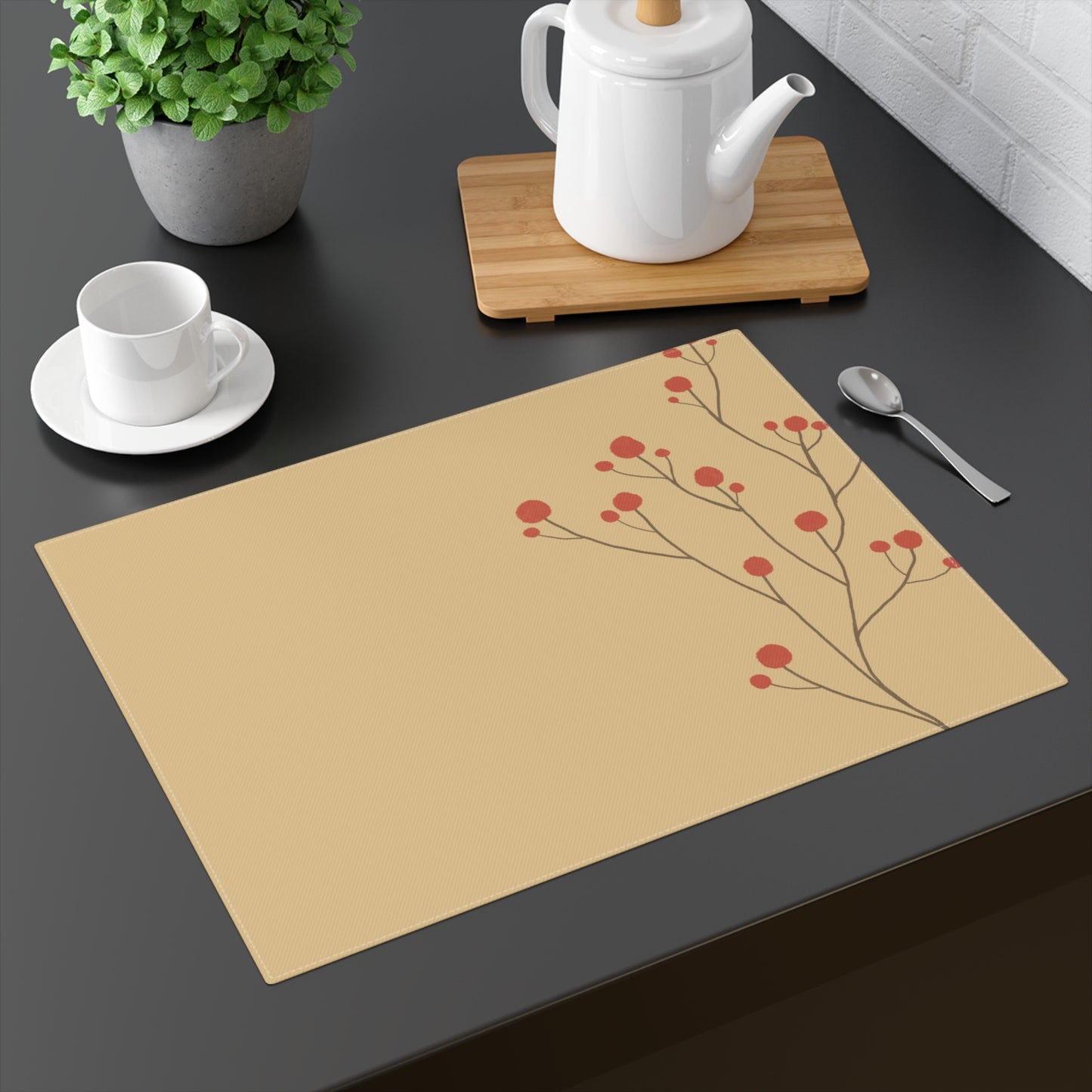 Sprig of Red Berries on Gold Christmas Placemat, 1pc