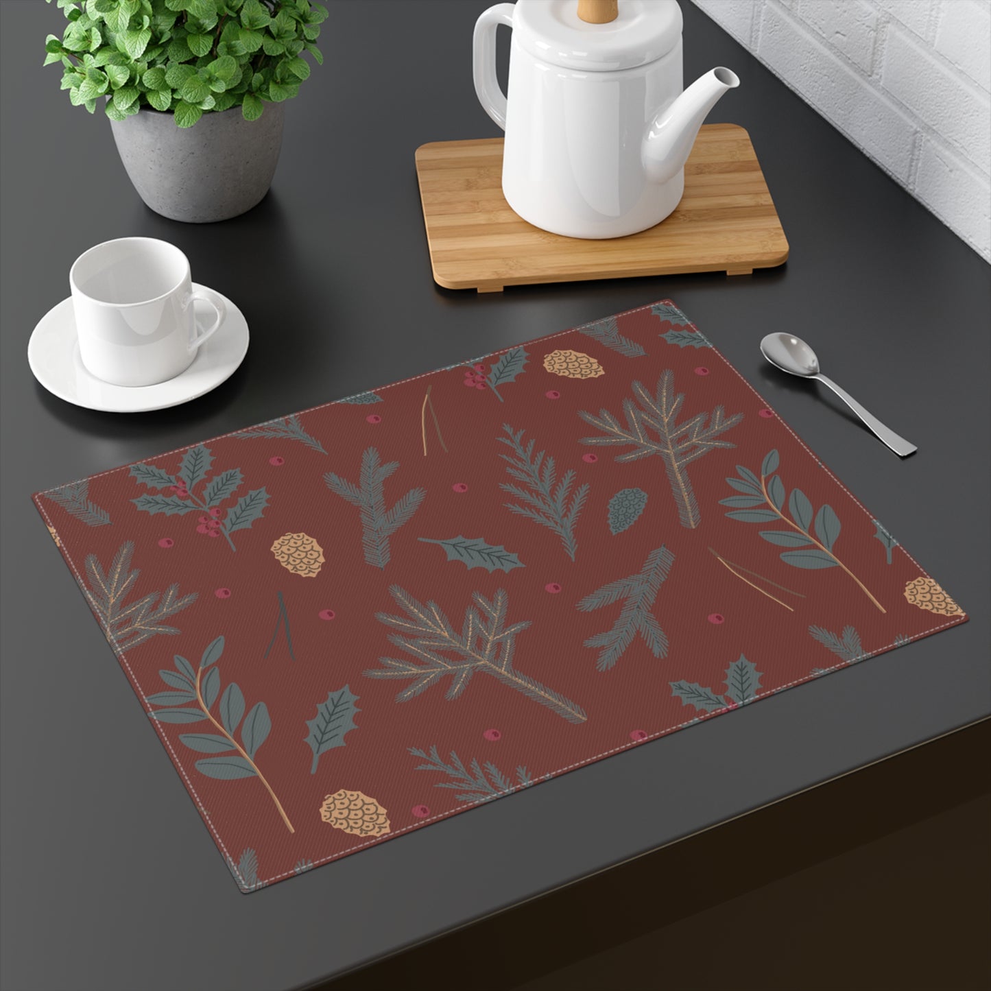 Fir and Holly Pattern Christmas Placemat, 1pc