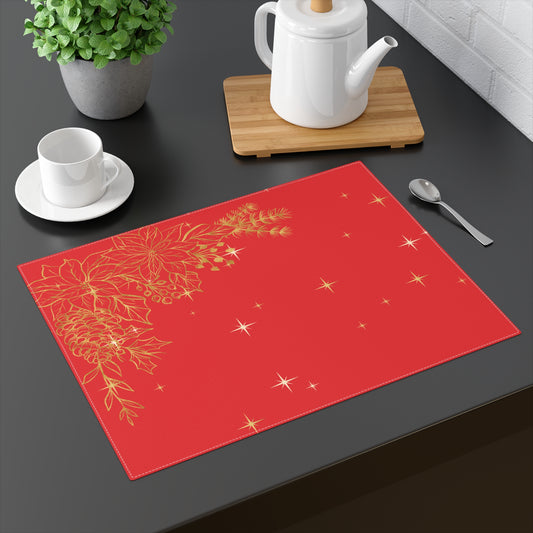 Red and Gold Pines and Poinsettias Christmas Placemat, 1pc