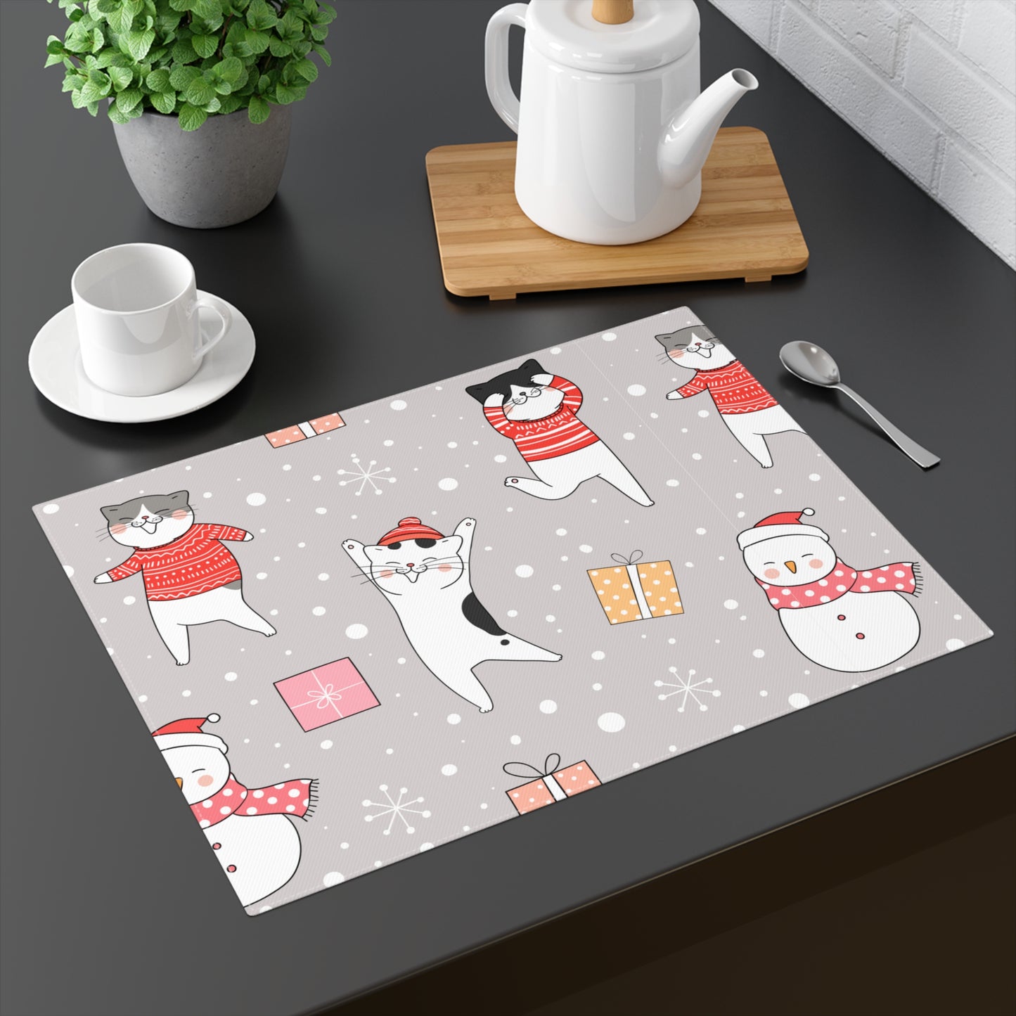 Snowmen Gifts and Cats Christmas Placemat, 1pc