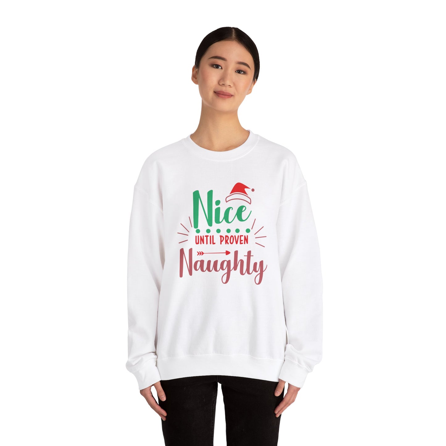 Red and Green Nice Until Proven Naughty Christmas Unisex Heavy Blend™ Crewneck Sweatshirt