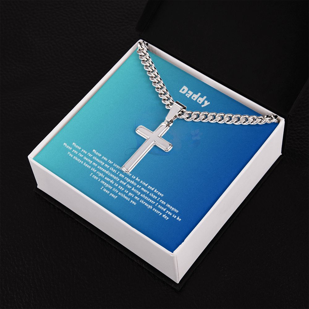 Thank you Daddy from Daughter - Personalized Cross Necklace with Cuban Chain and MC